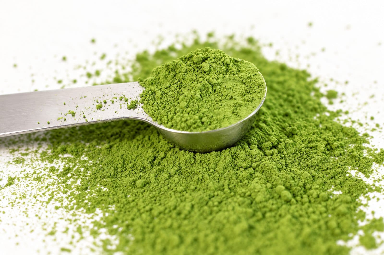 Miarka w świeżo zmielonym, intensywnie zielonym proszku matcha